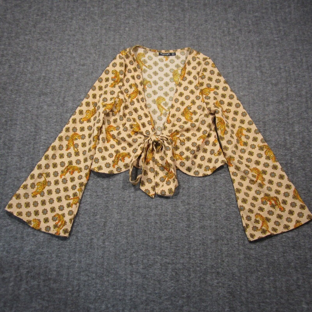 Nasty Gal Shirt Womens‎ 0 Brown Tiger Print Tie Front Bell Sleeves Cropped Retro